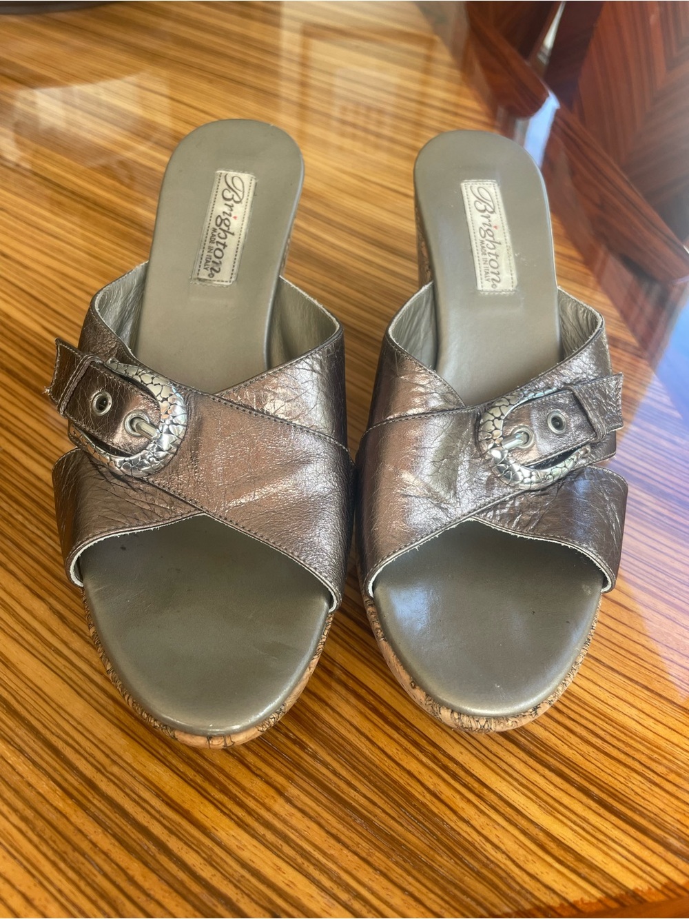 Brighton Metallic Taupe Cross-Strap Mules with Buckle